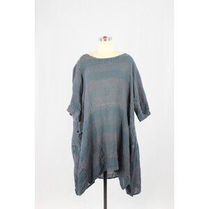 LUUKAA Lagenlook Navy Grey Striped Linen Oversized Tunic Shift Dress, Size 16